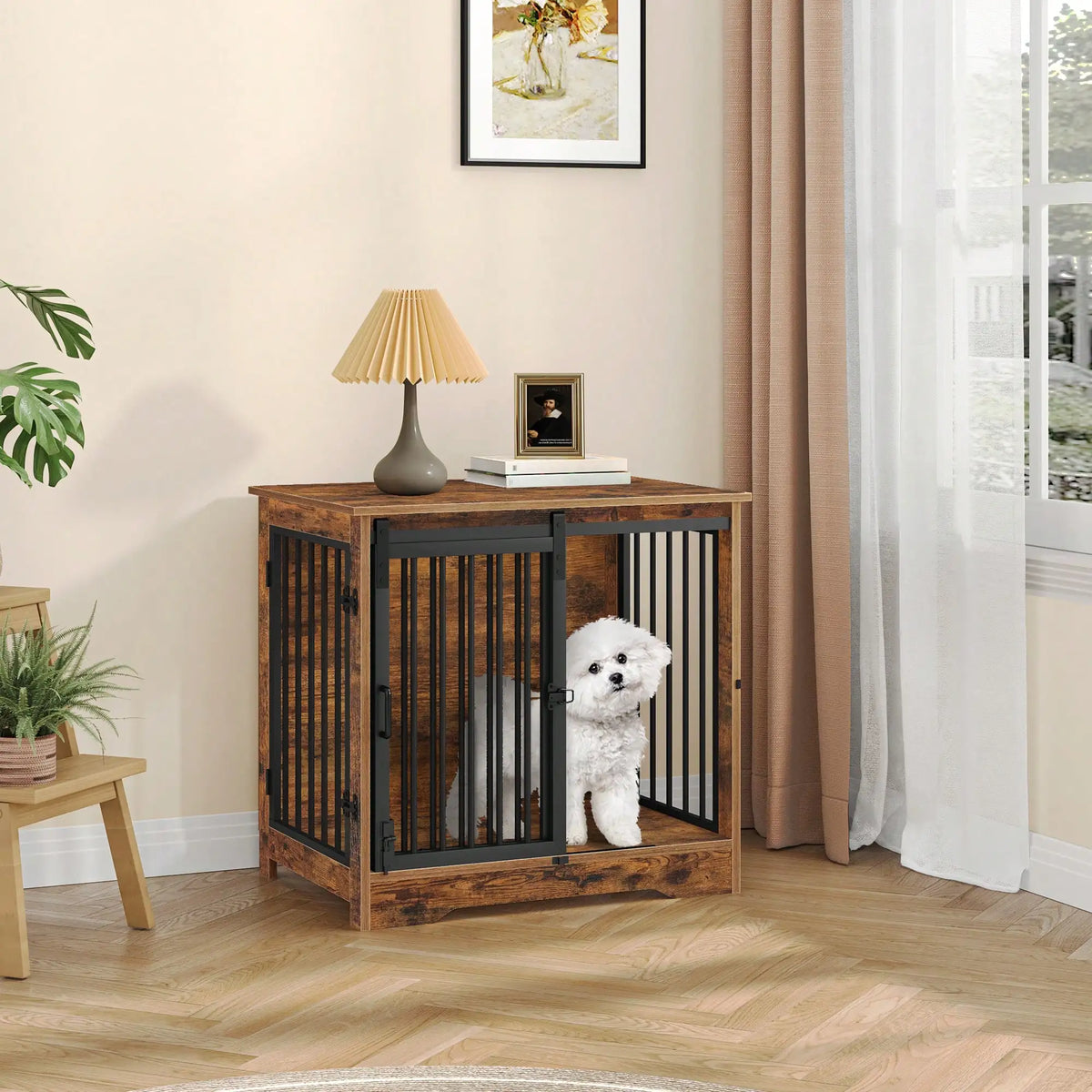 Wooden Dog Crate Furniture With Barn Door And Side Table