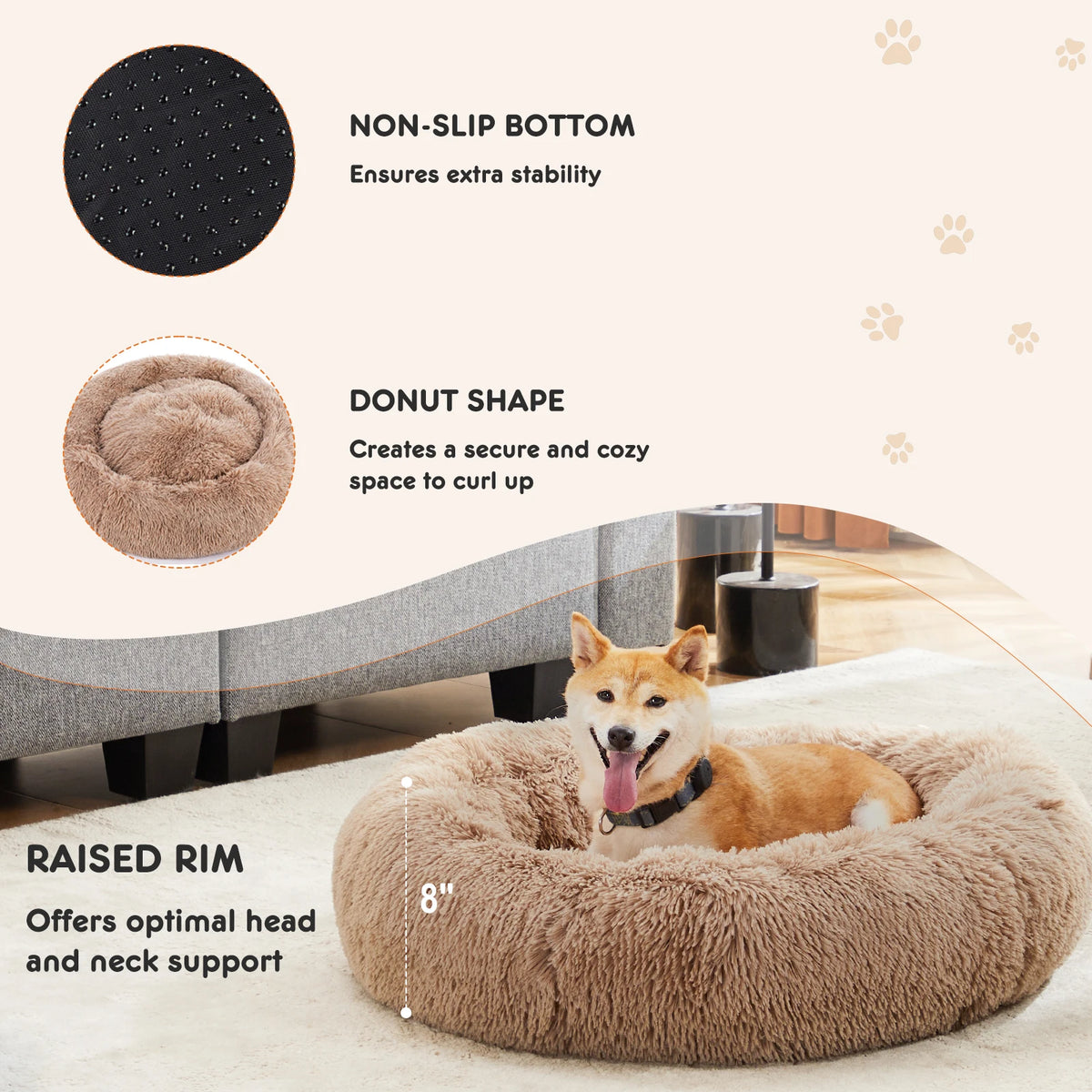 JHK Ultra Soft Round Plush Faux Fur Calming Dog Bed
