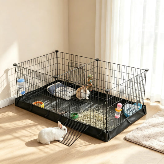 Metal Guinea Pig Cage With Dual Compartments And Waterproof Liner
