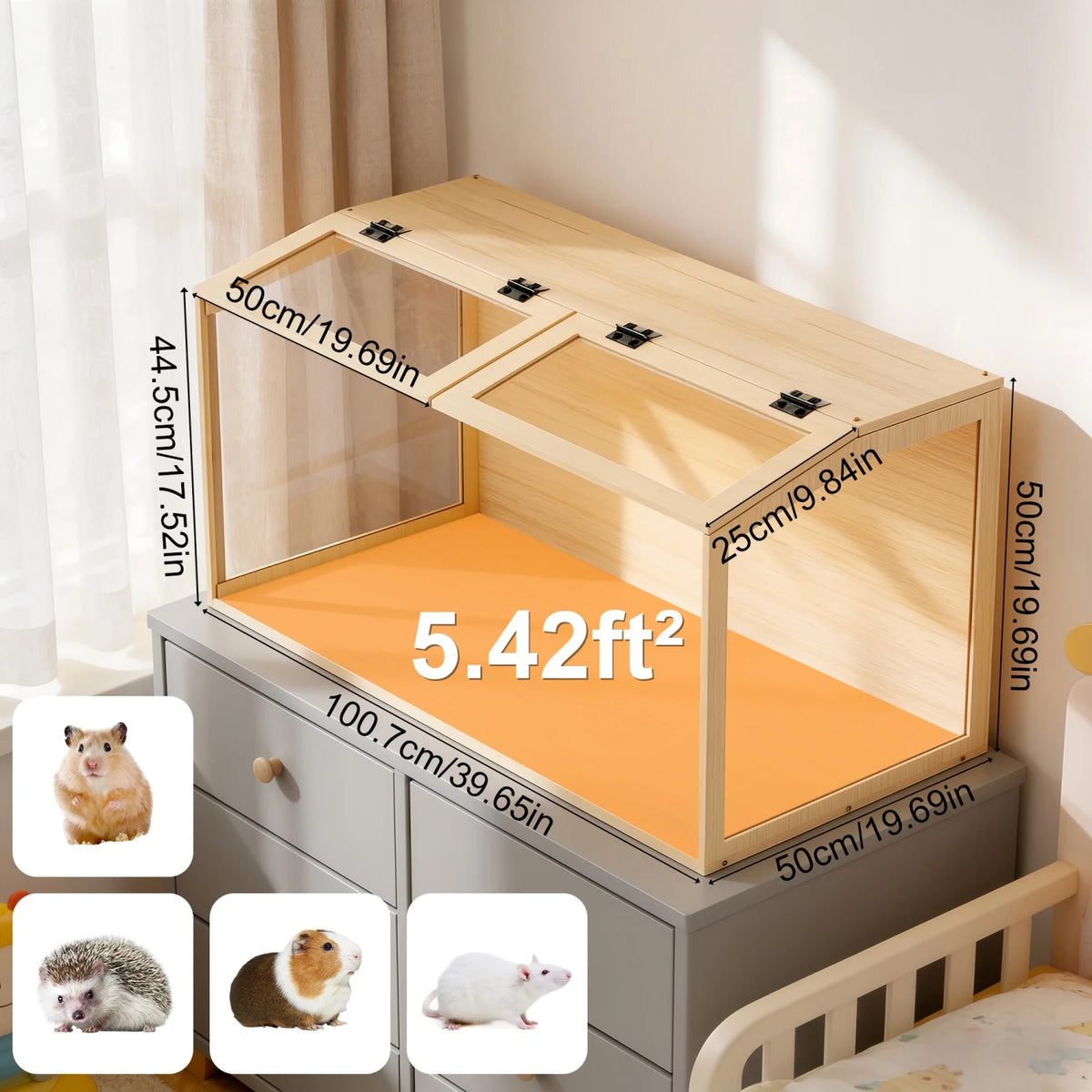 Chewproof Wooden Small Pet Cage With Led Light And Glass Panels