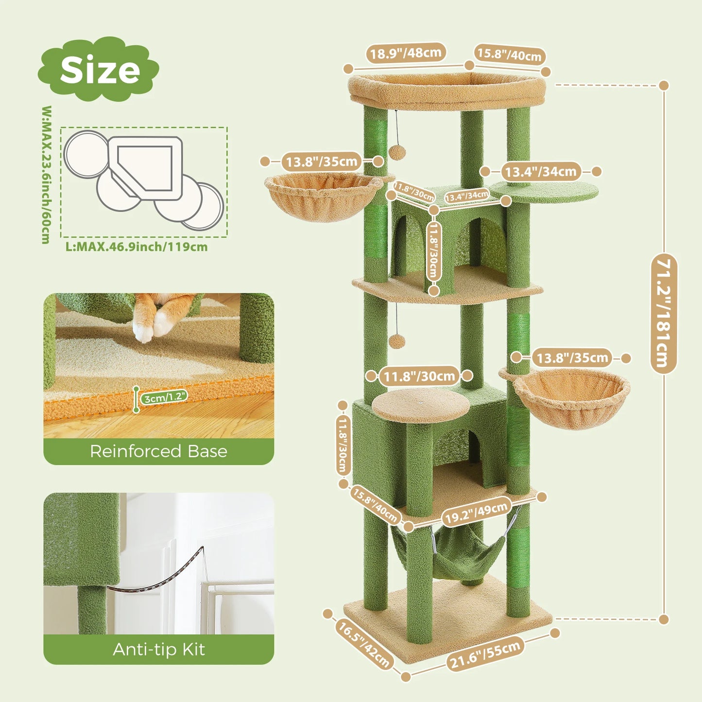 PAWZ Road Tall Cat Tree With Scratching Posts And Hammock