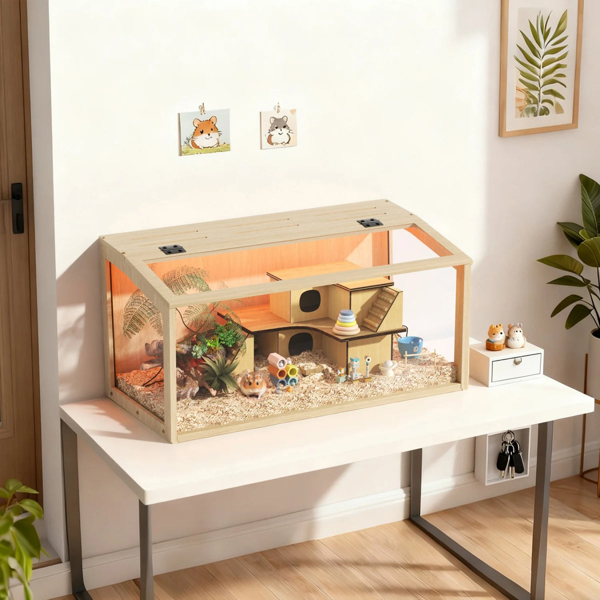 Chewproof Wooden Small Pet Cage With Led Light And Glass Panels