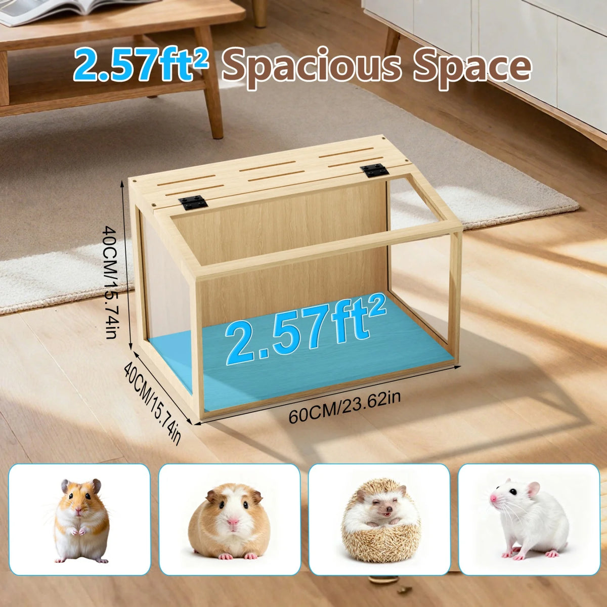 Chewproof Wooden Small Pet Cage With Led Light And Glass Panels