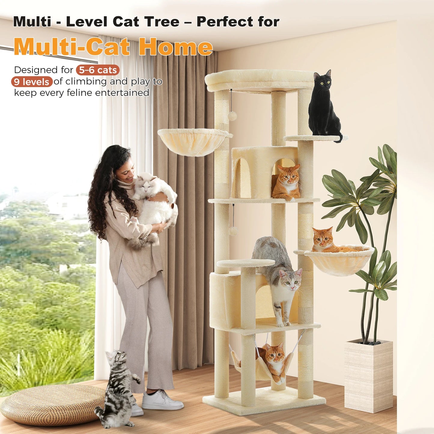 PAWZ Road Tall Cat Tree With Scratching Posts And Hammock