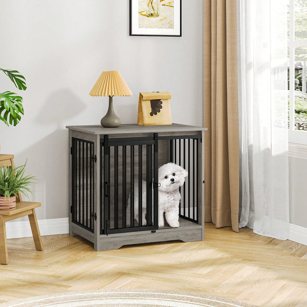 Wooden Dog Crate Furniture With Barn Door And Side Table