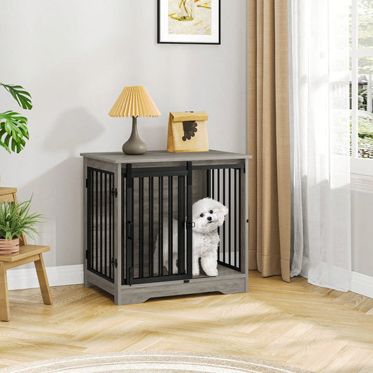 Wooden Dog Crate Furniture With Barn Door And Side Table