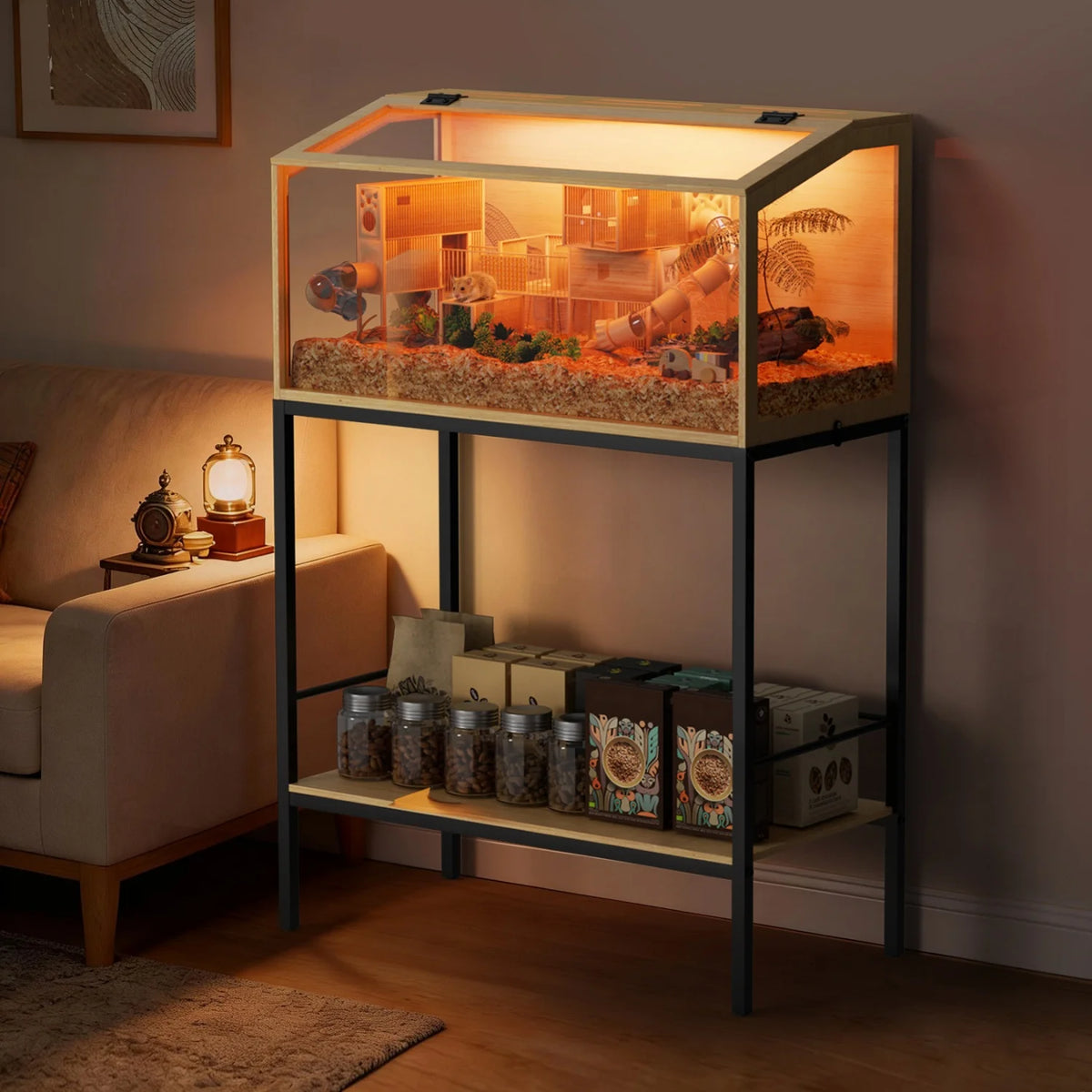 Chewproof Wooden Small Pet Cage With Led Light And Glass Panels