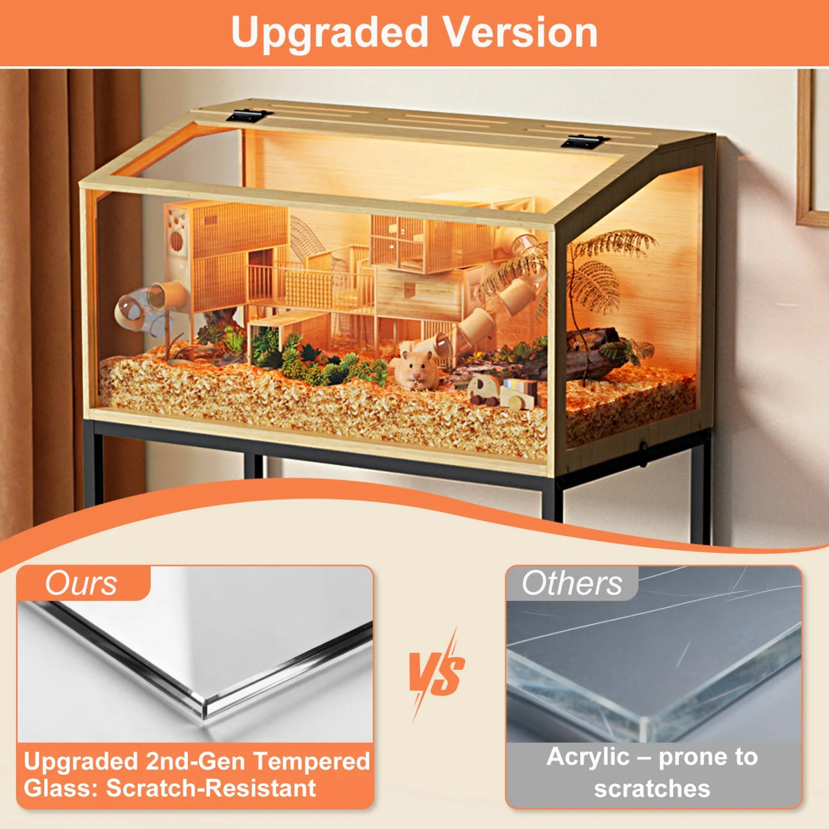 Chewproof Wooden Small Pet Cage With Led Light And Glass Panels