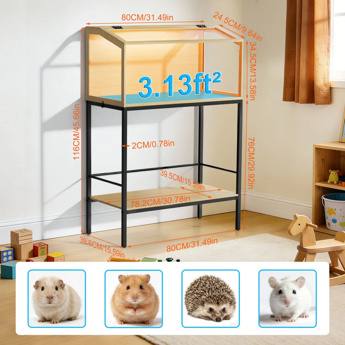 Chewproof Wooden Small Pet Cage With Led Light And Glass Panels