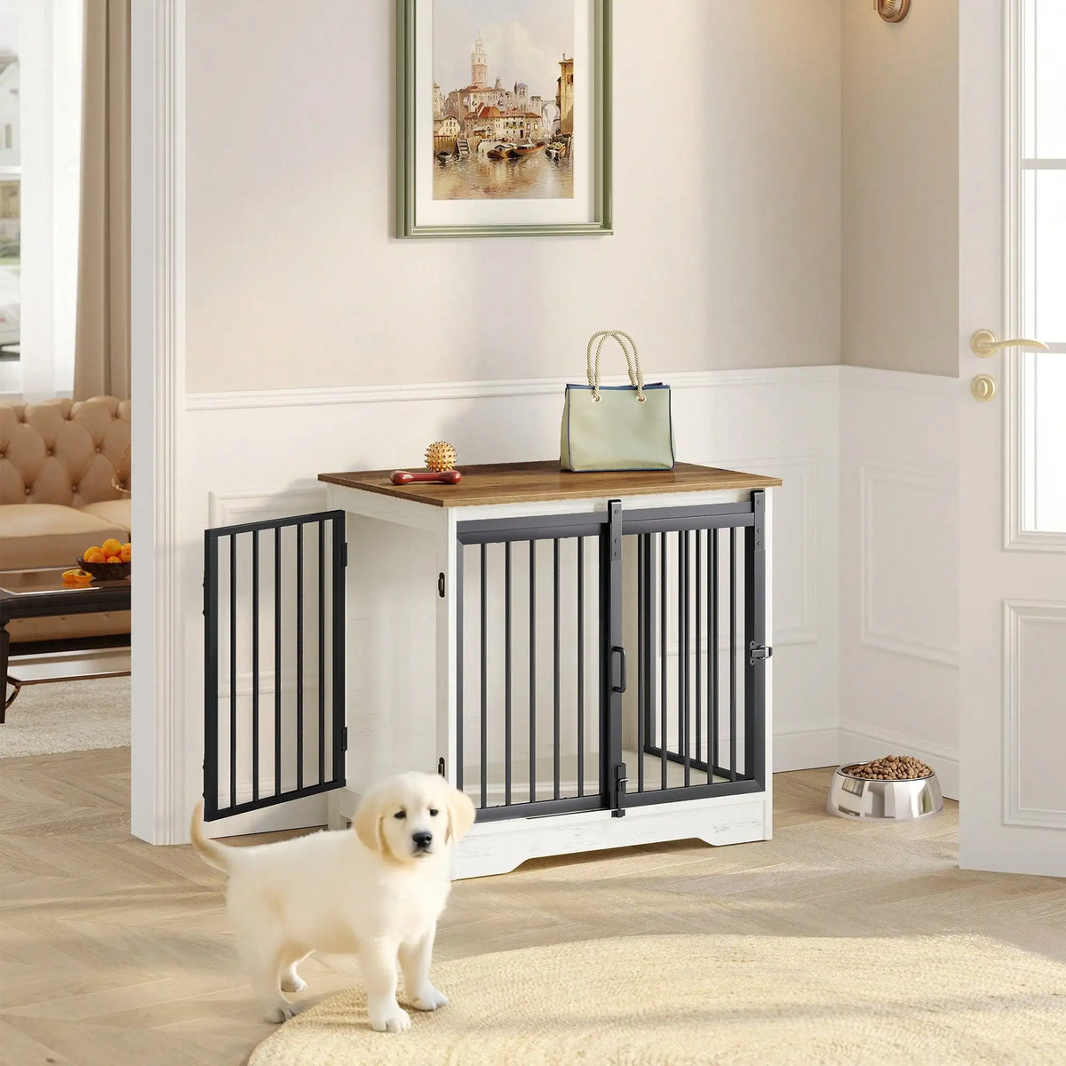 Wooden Dog Crate Furniture With Barn Door And Side Table