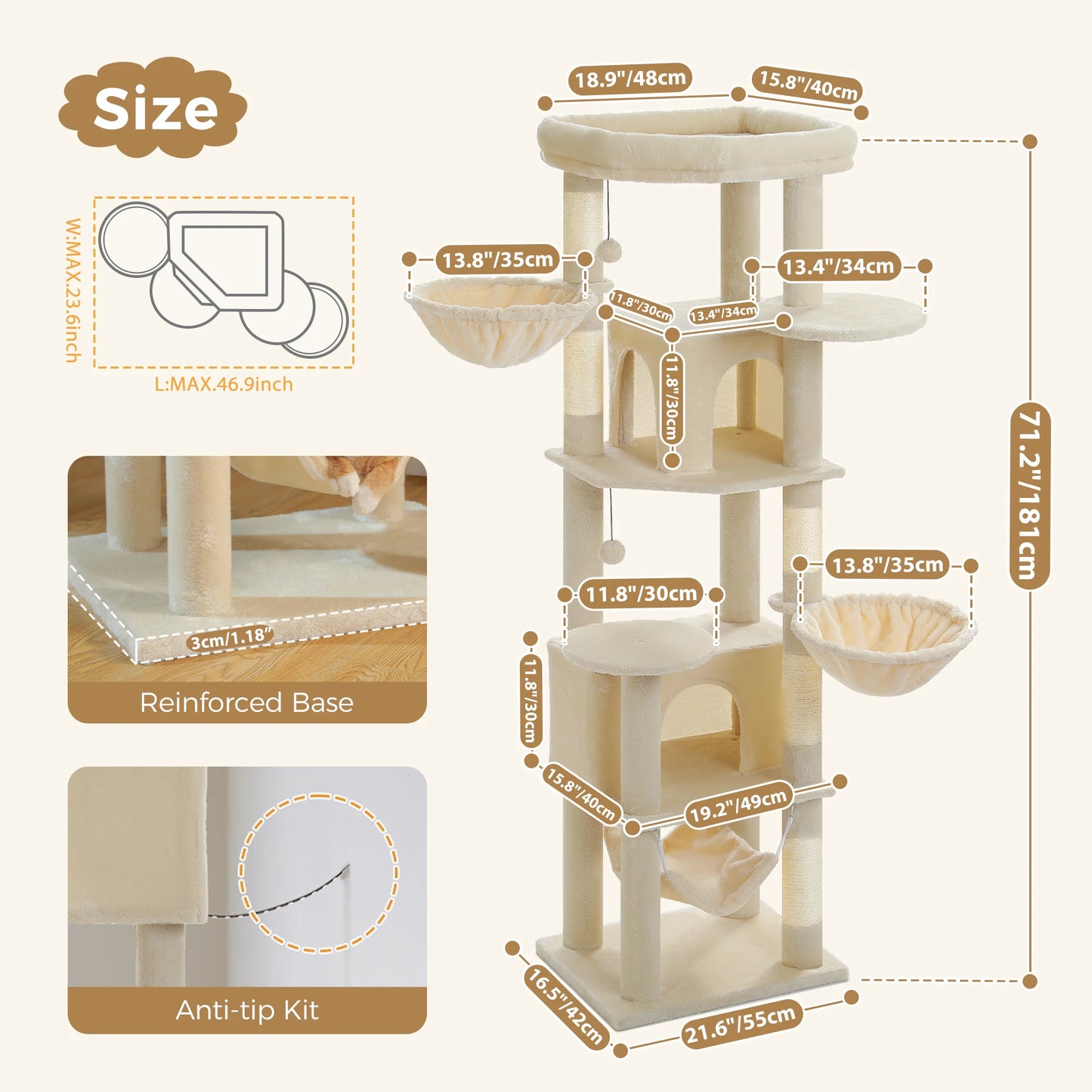 PAWZ Road Tall Cat Tree With Scratching Posts And Hammock