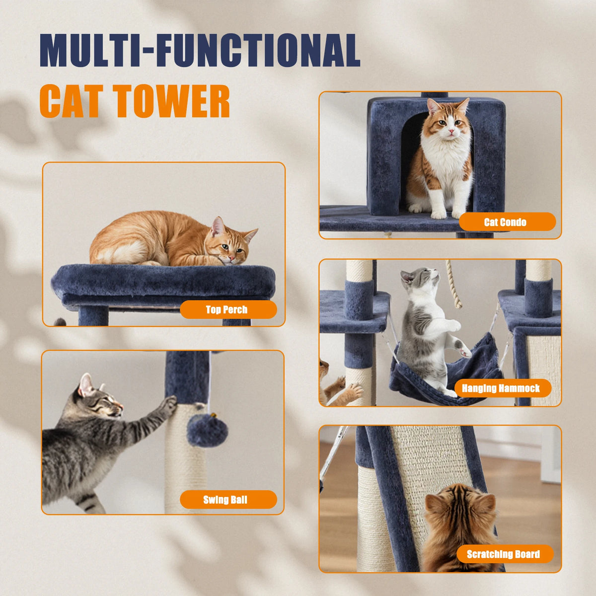 JHK Multi Level Cat Tree With Natural Sisal Scratching Posts