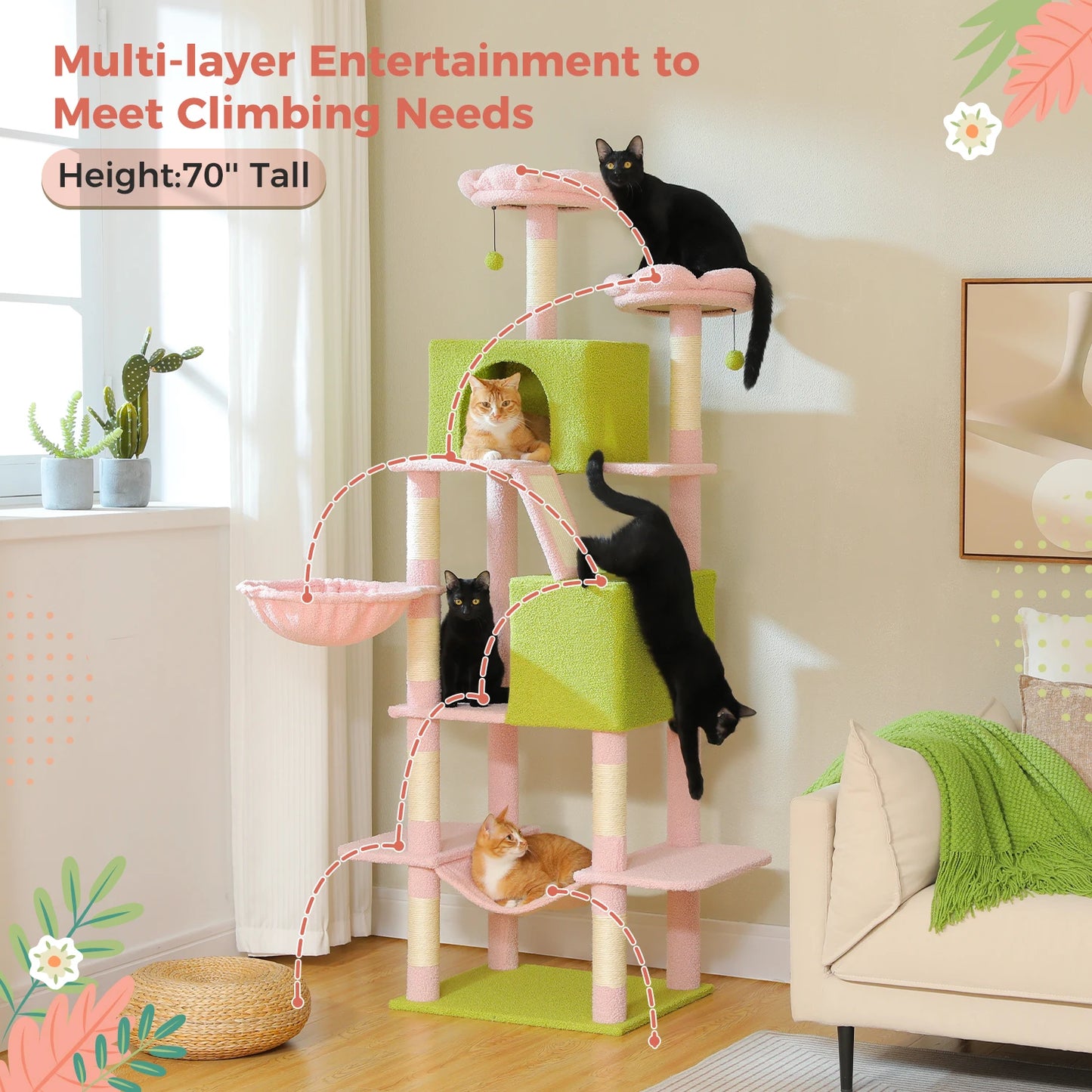 PAWZ Road Tall Cat Tree With Scratching Posts And Hammock