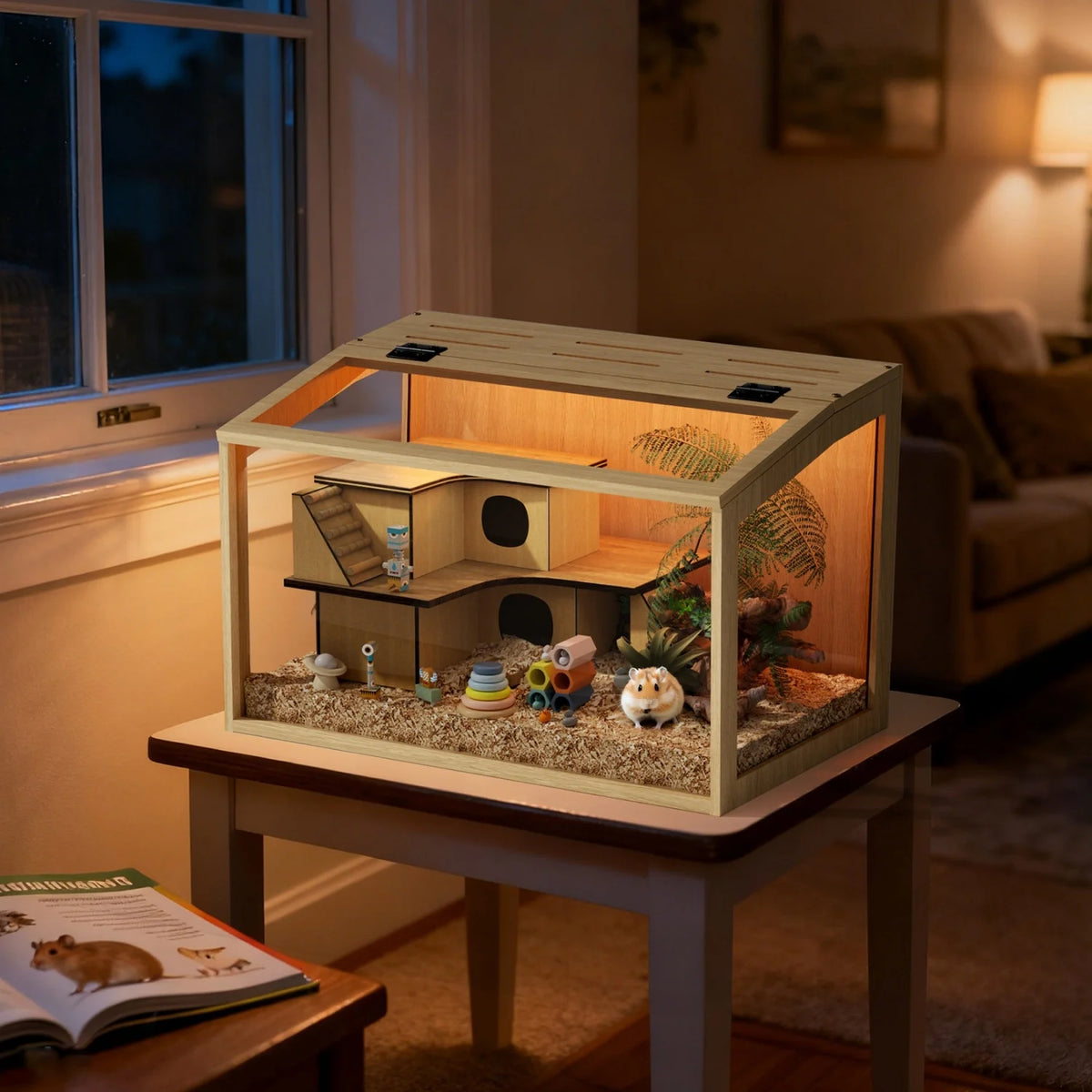 Chewproof Wooden Small Pet Cage With Led Light And Glass Panels