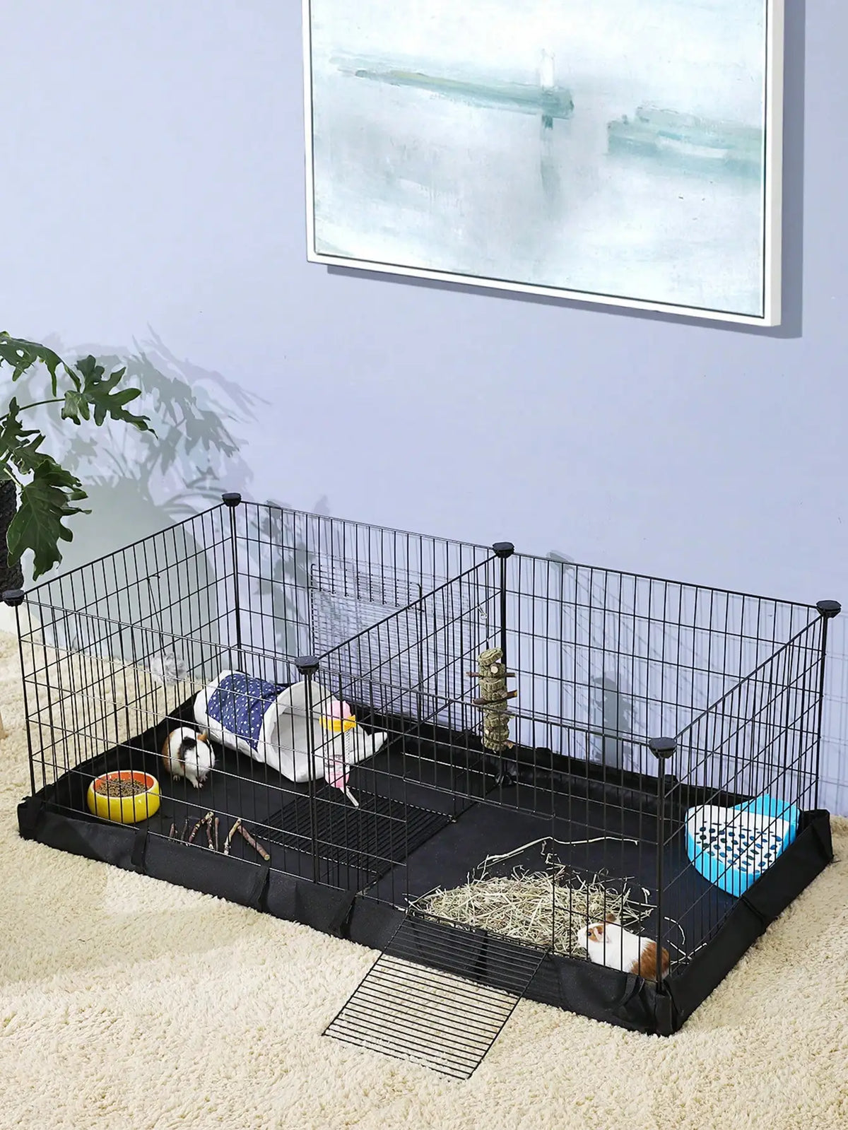 Metal Guinea Pig Cage With Dual Compartments And Waterproof Liner