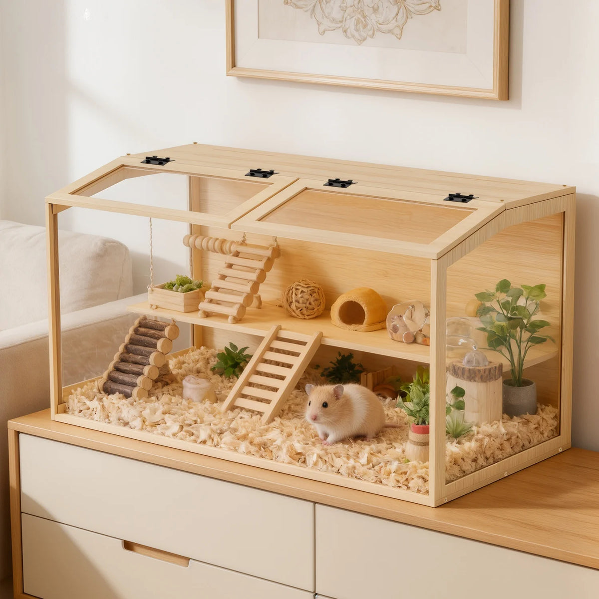 Chewproof Wooden Small Pet Cage With Led Light And Glass Panels