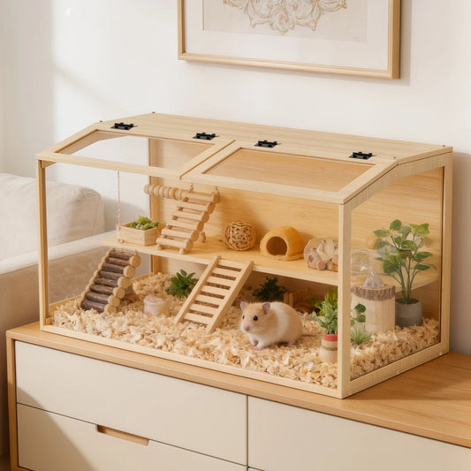 Chewproof Wooden Small Pet Cage With Led Light And Glass Panels