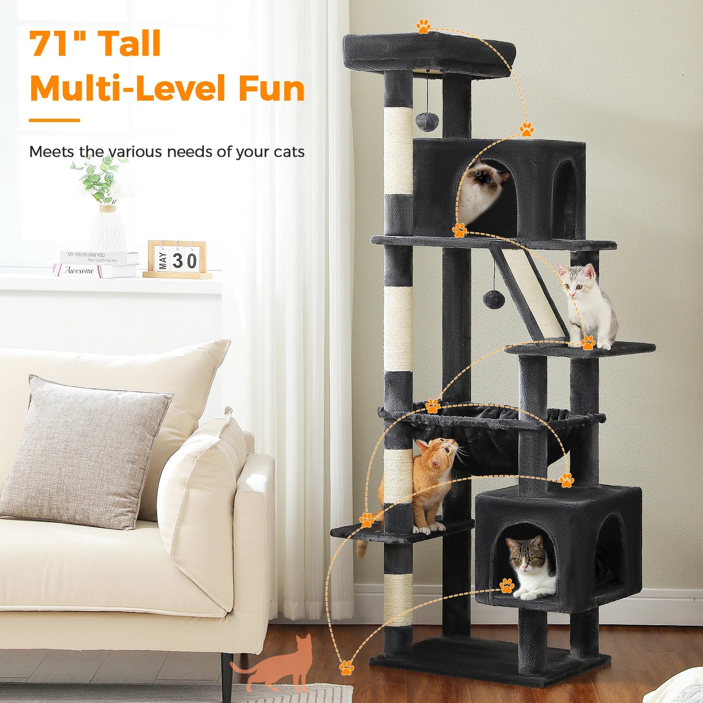 PAWZ Road Tall Cat Tree With Scratching Posts And Hammock
