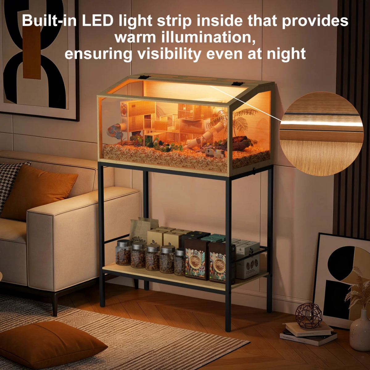 Chewproof Wooden Small Pet Cage With Led Light And Glass Panels