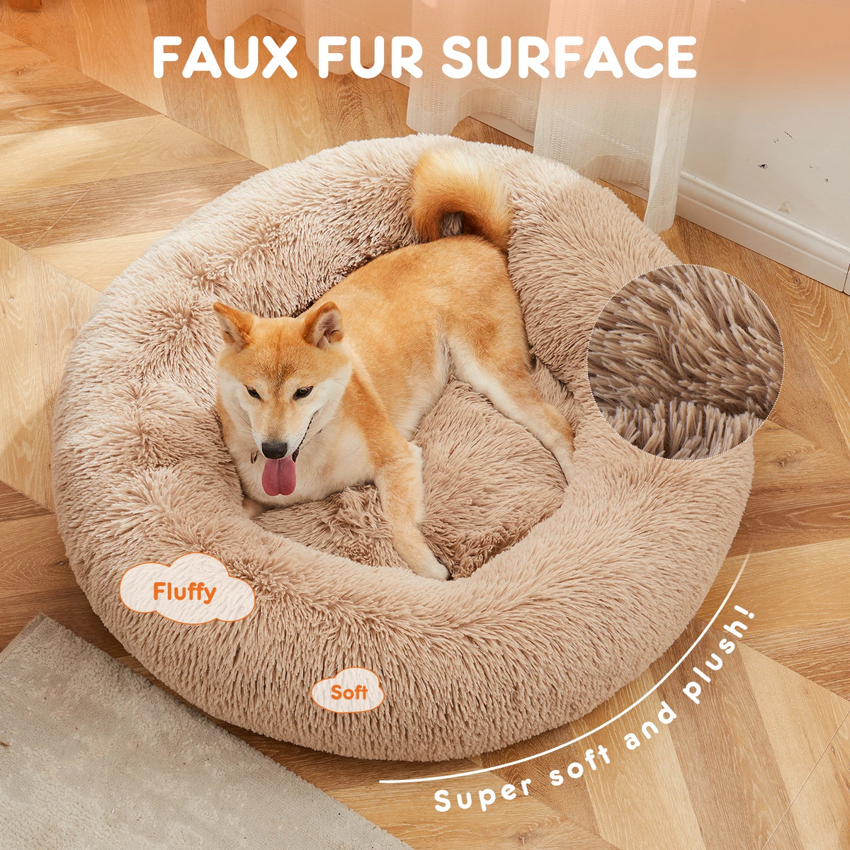 JHK Ultra Soft Round Plush Faux Fur Calming Dog Bed