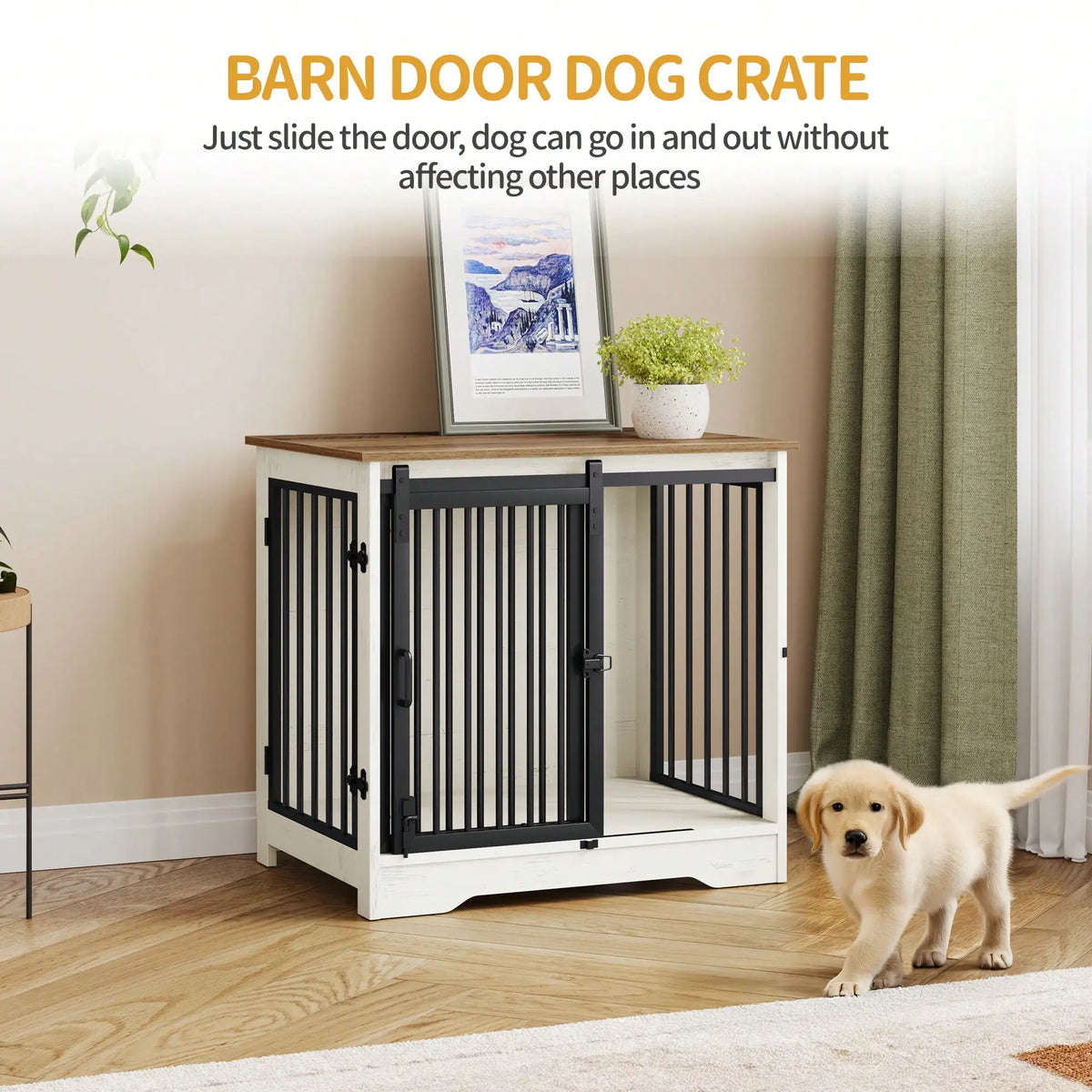 Wooden Dog Crate Furniture With Barn Door And Side Table