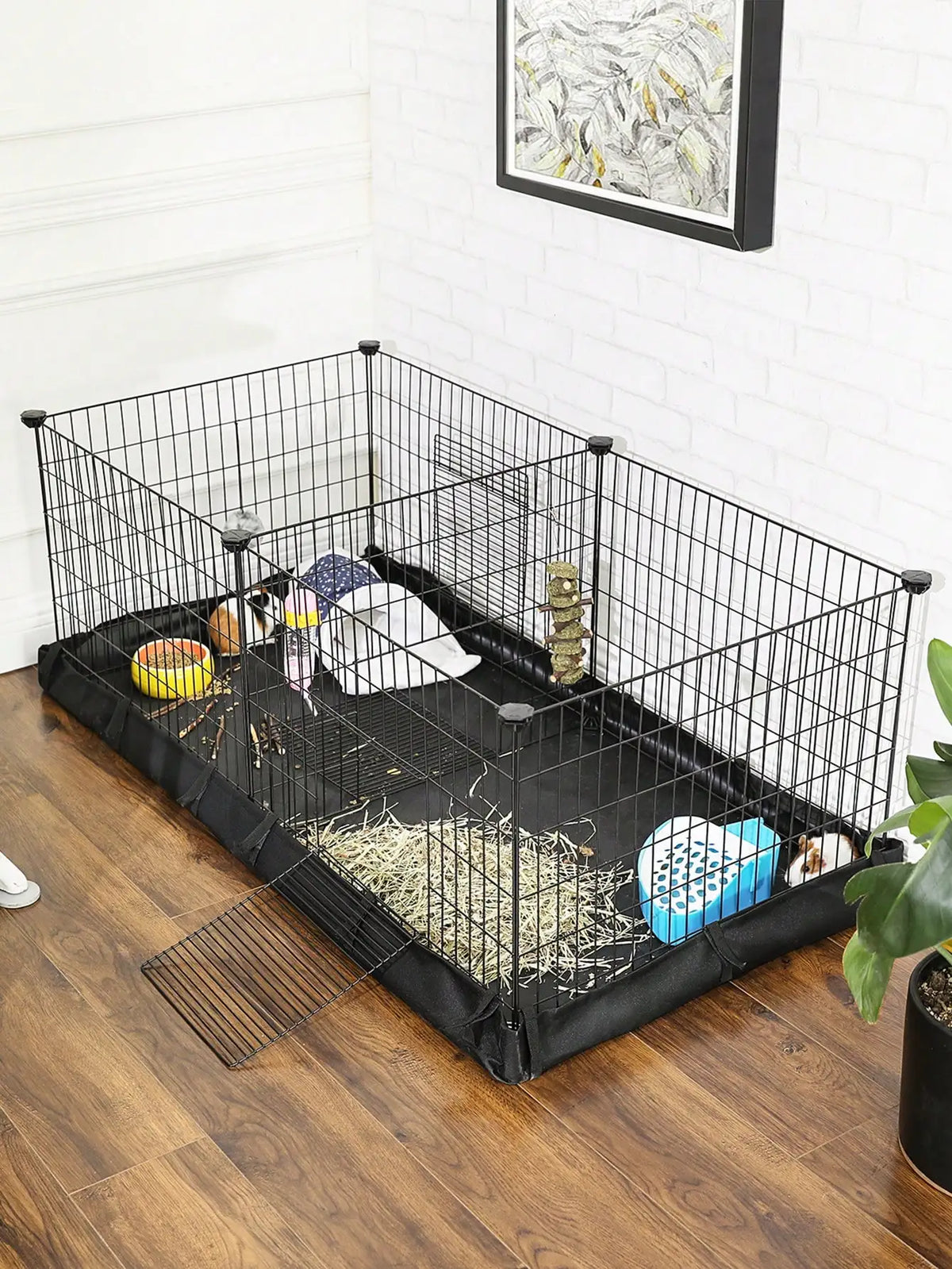 Metal Guinea Pig Cage With Dual Compartments And Waterproof Liner