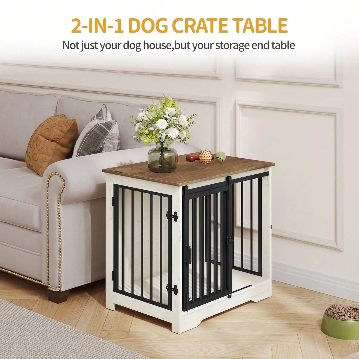 Wooden Dog Crate Furniture With Barn Door And Side Table