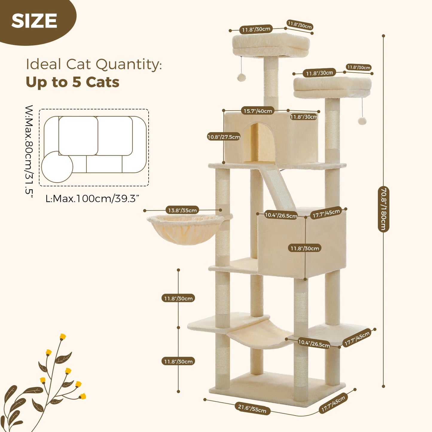 PAWZ Road Tall Cat Tree With Scratching Posts And Hammock