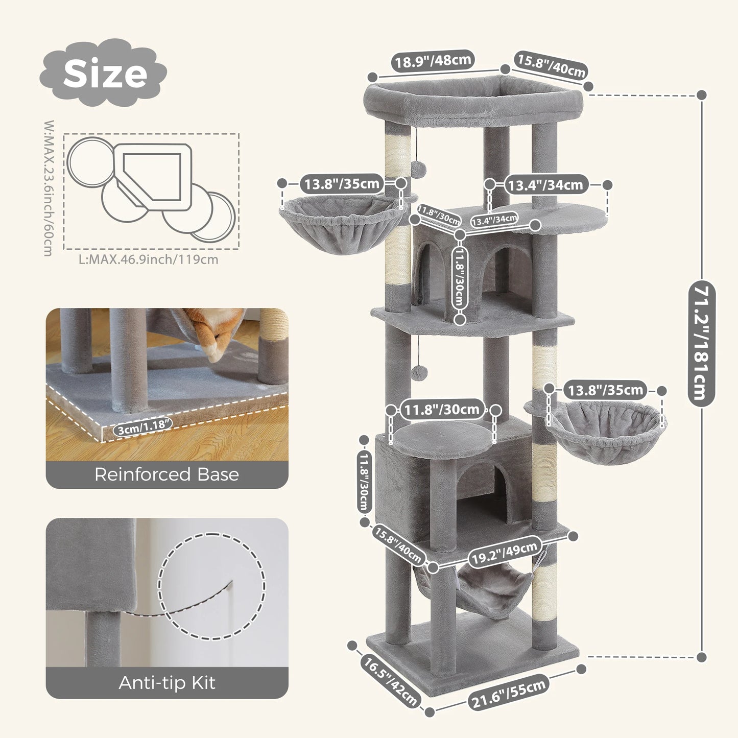 PAWZ Road Tall Cat Tree With Scratching Posts And Hammock
