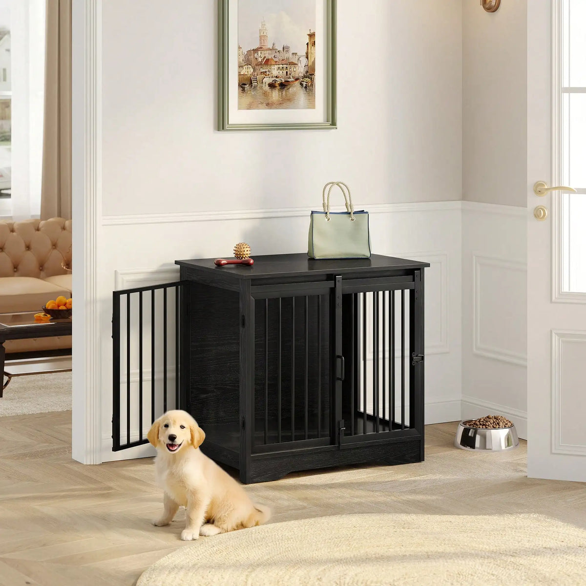 Wooden Dog Crate Furniture With Barn Door And Side Table