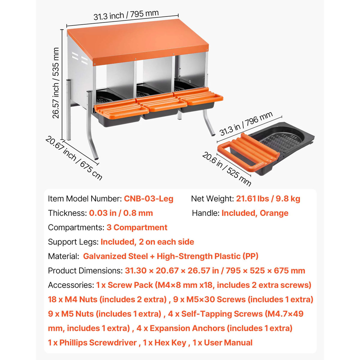 SucceBuy Galvanized Steel Chicken Nesting Box Rollout Egg Tray